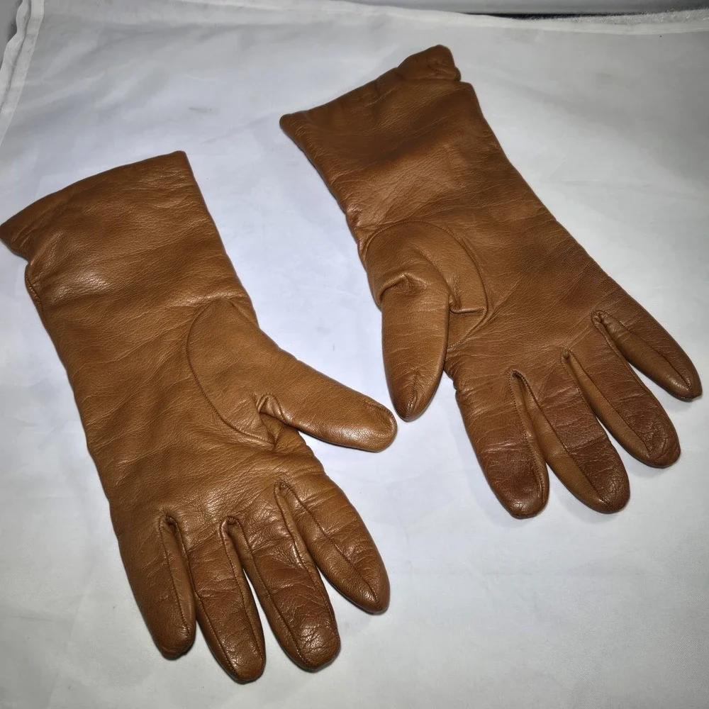 Vintage Saks Fifth Ave Womens 7.5 Brown Leather Glove Cashmere Lined Made Italy